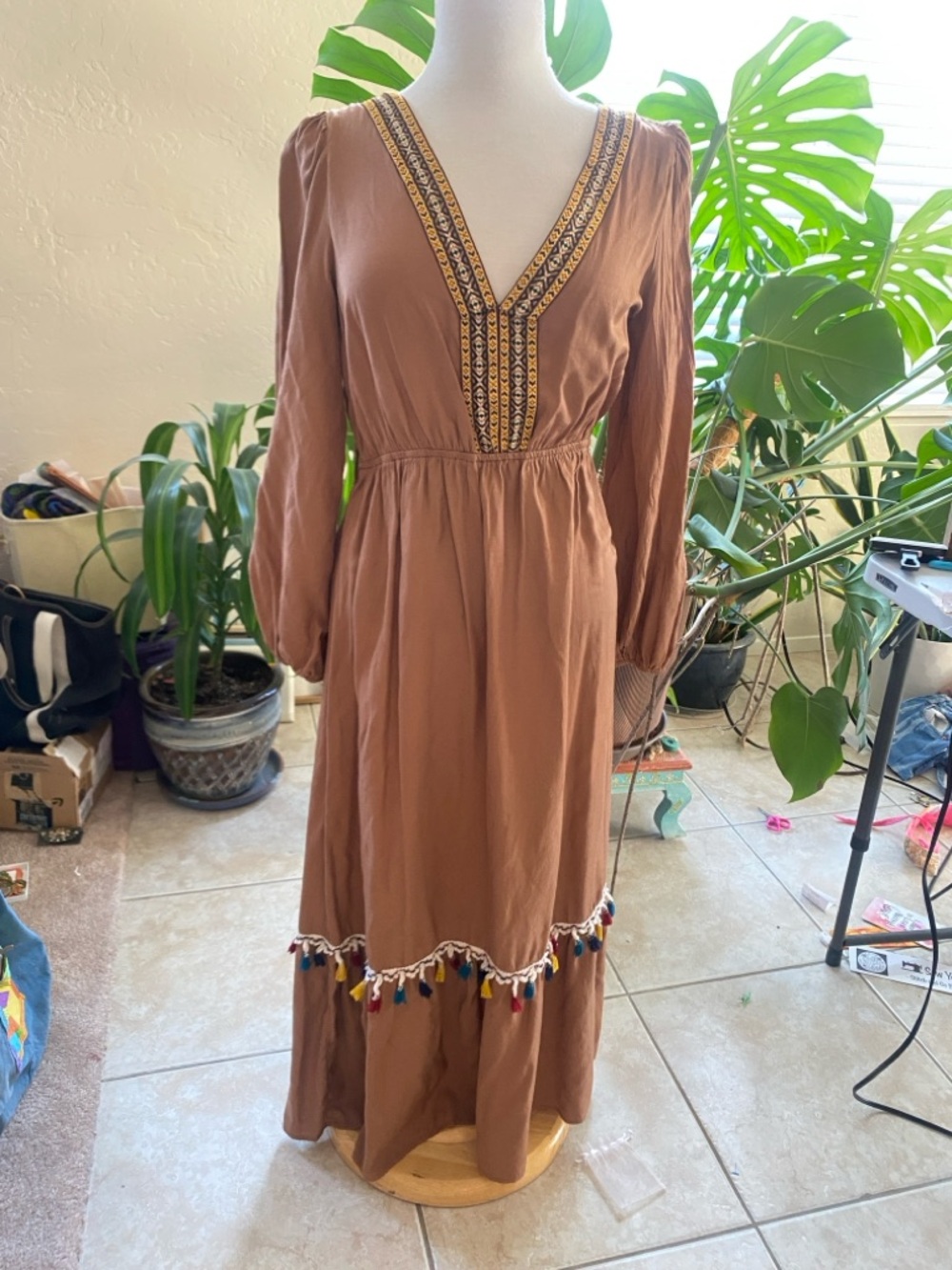 Boho Tassel Maxi Dress in Rustic Brown